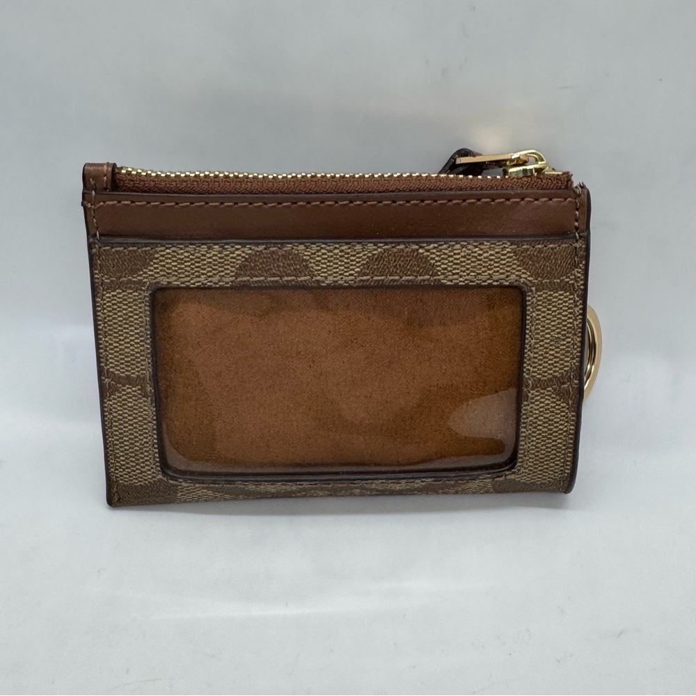 COACH Mini Skinny Id Case In Signature Canvas Card Brown Gold Wallet - Picture 4 of 12